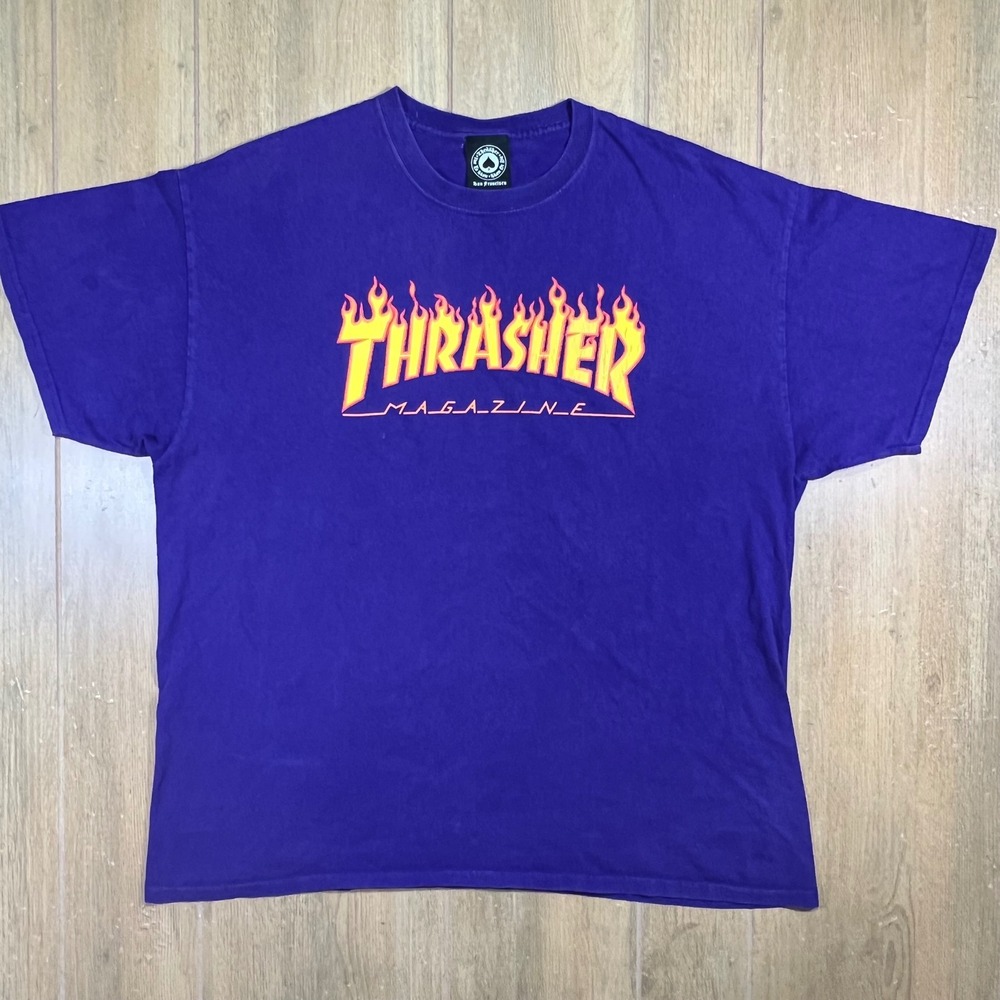 Thrasher Magazine Flame Logo Purple Graphic T-Shirt Mens XL Short Sleeve Cotton